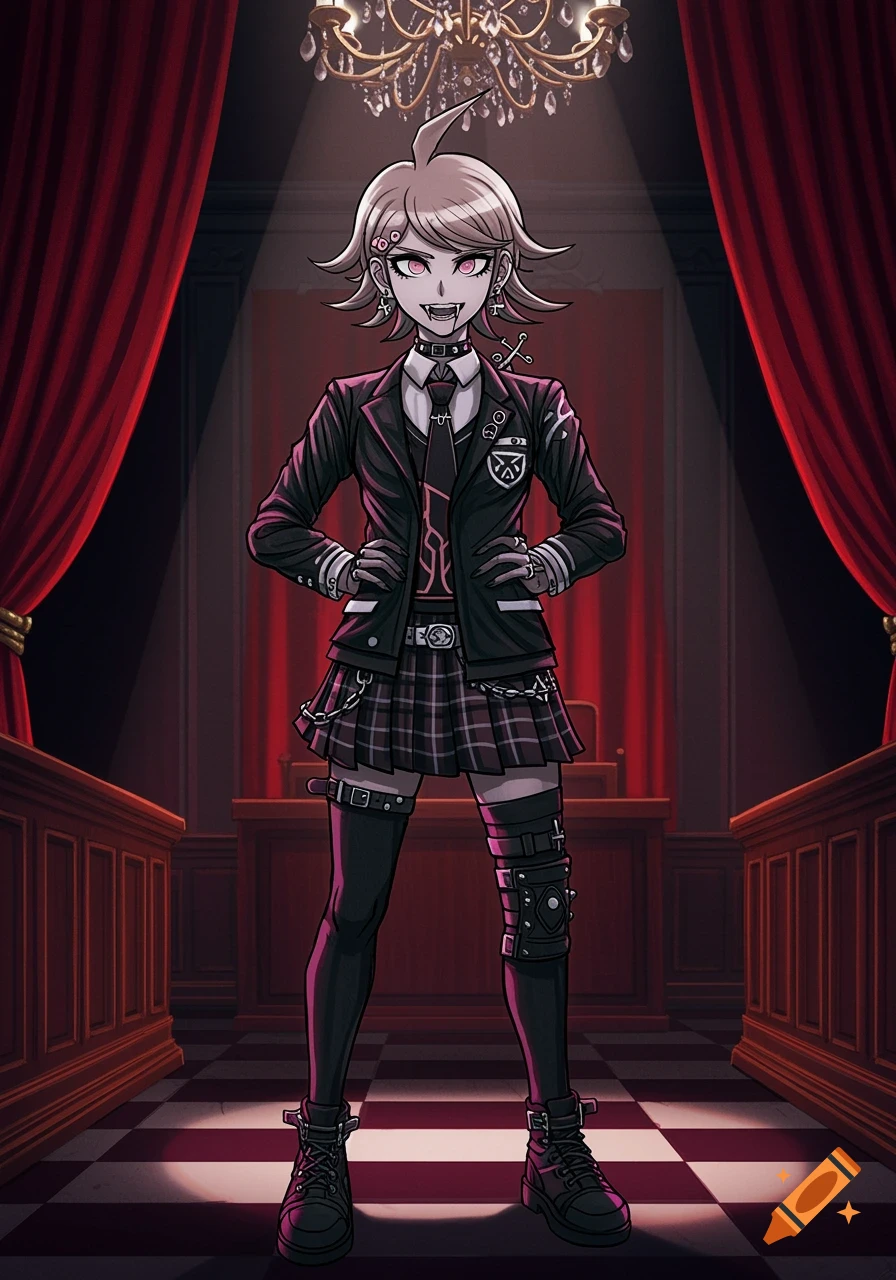 An anime character with pink eyes and fangs, dressed in a black blazer, plaid skirt, and boots, stands in a dramatic, dark red room.