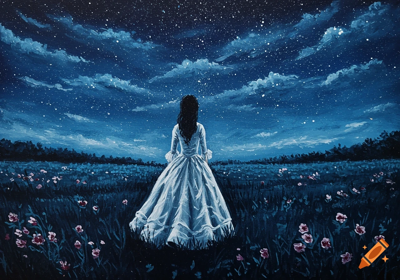 Acrylic painting of a woman in a white gown standing in a dark meadow, looking up at a starry night sky.