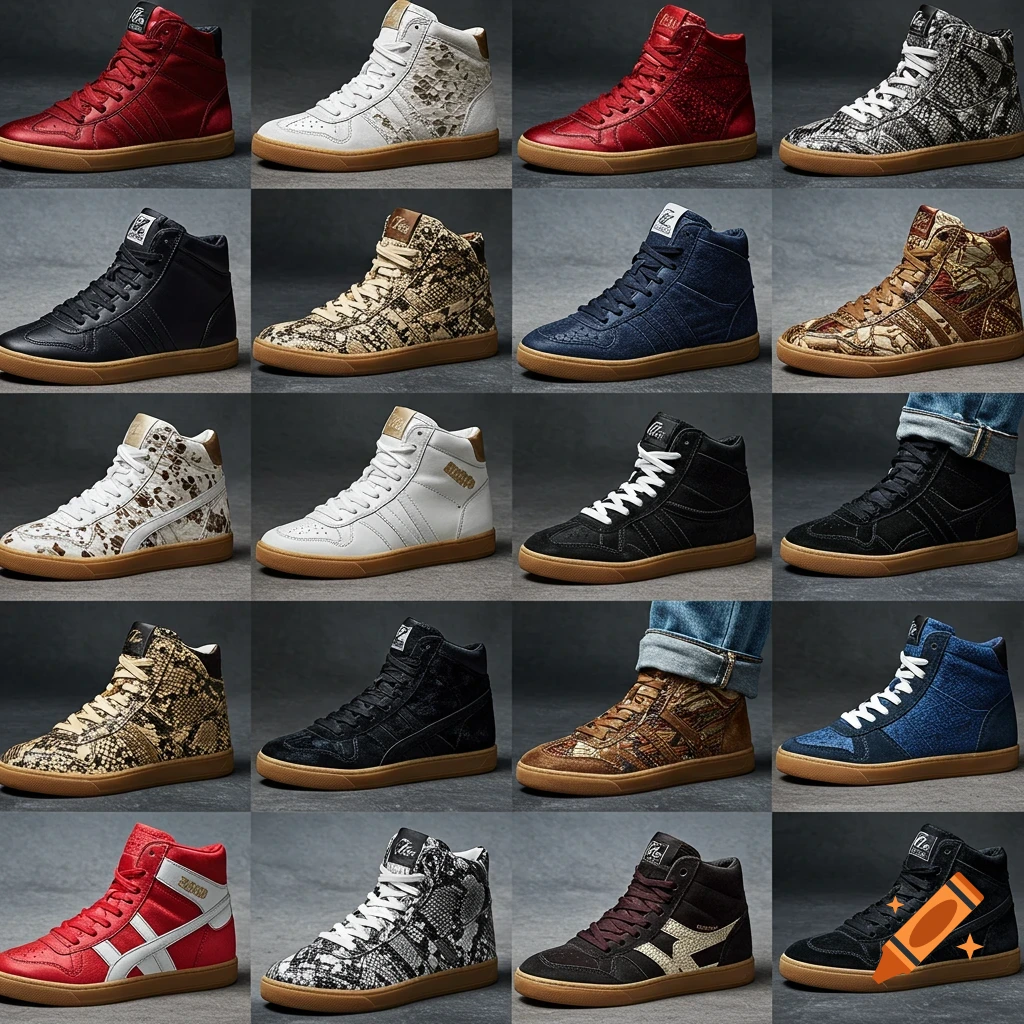 A grid display of 16 different mid-top sneakers with gum soles. Variations include red, white, blue, black, and snakeskin patterns.