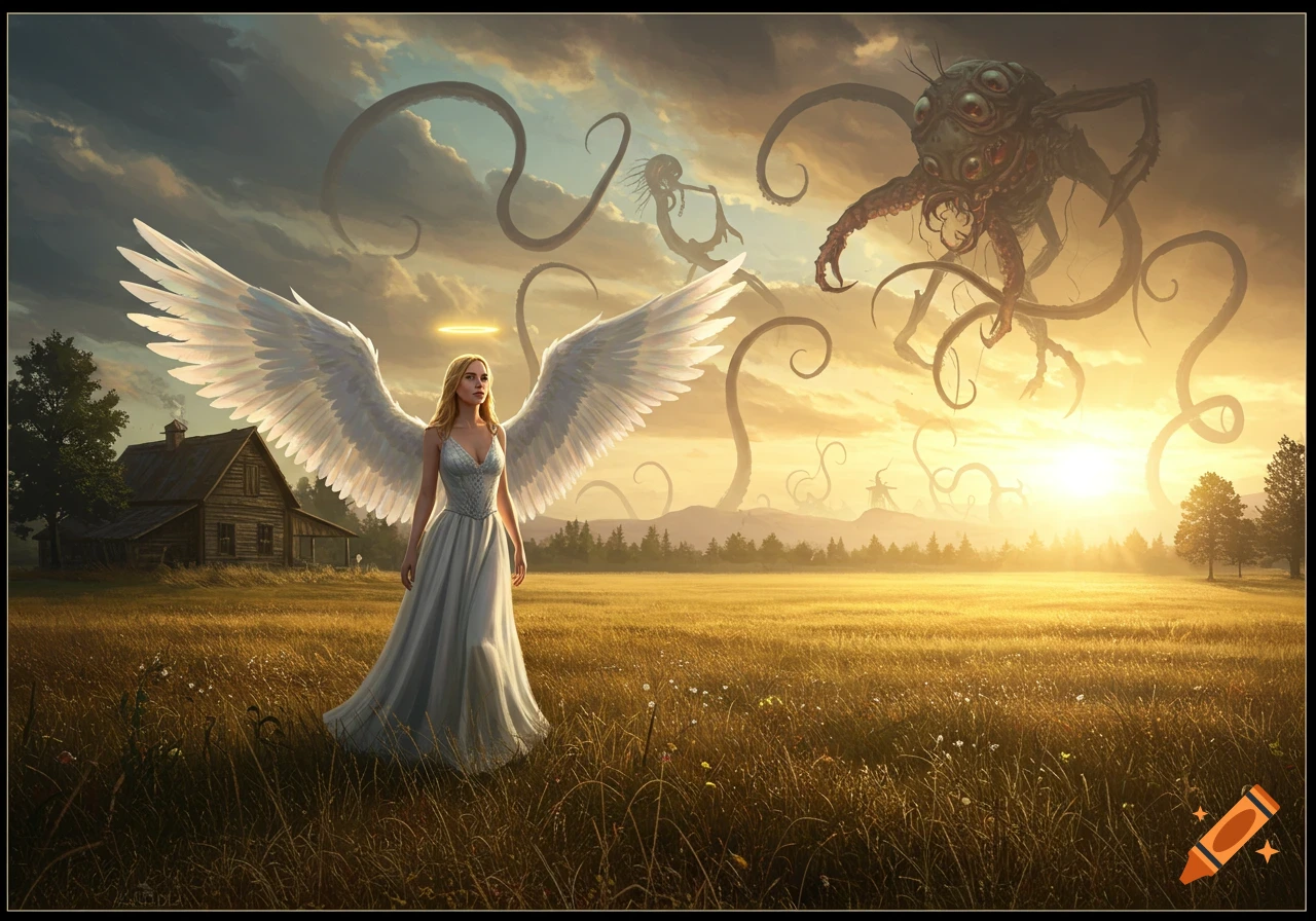 An angelic woman stands in a golden field next to a barn, as large tentacled monsters emerge from the sky at sunset.