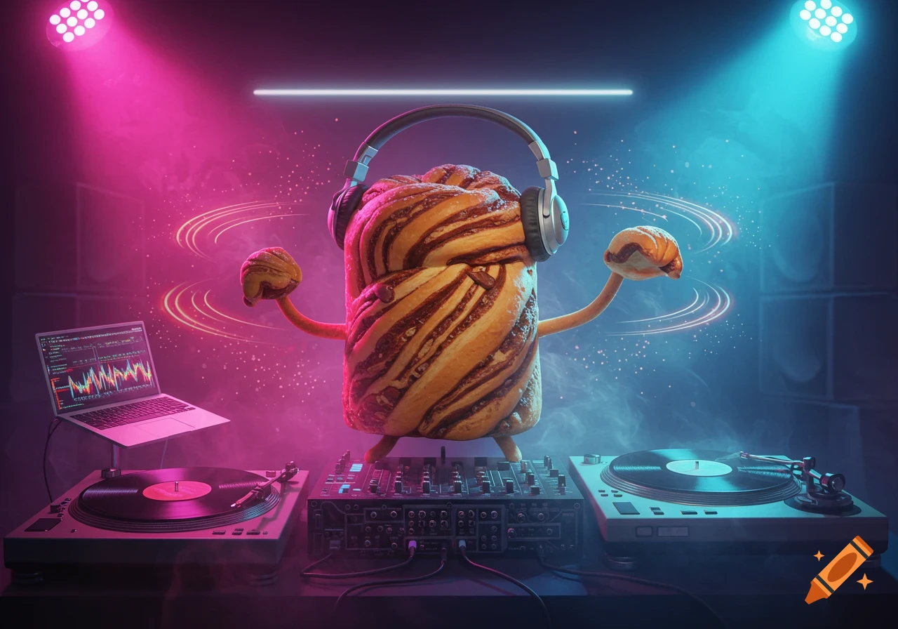 A photorealistic babka bread character wearing headphones, DJing at a club with turntables, a mixer, and a laptop, under pink and blue lights.