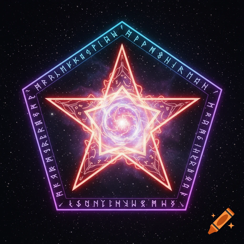 A glowing neon pentagon and star sigil with mystical runes, set against a dark starry background.
