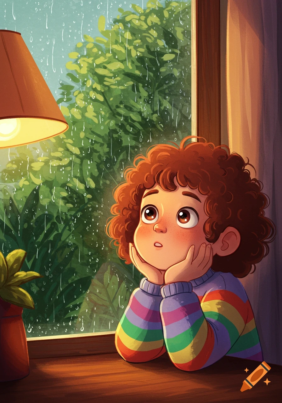 A cute cartoon child with red curly hair looks out a window at falling rain, wearing a rainbow-striped sweater.