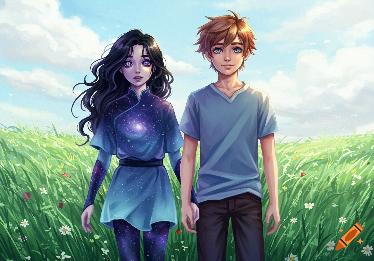 An anime illustration of a girl with galaxy eyes and a galaxy-patterned tunic holding hands with a boy in a green field.