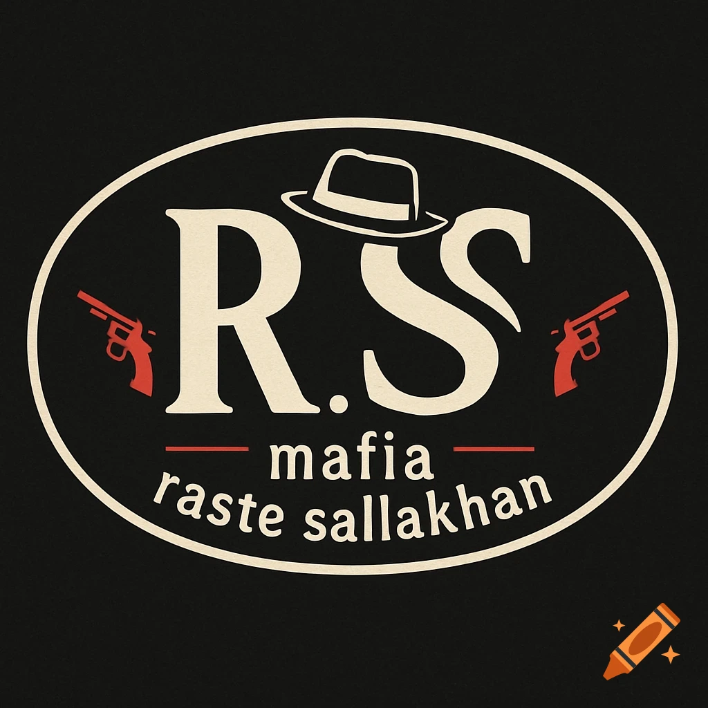 A black oval logo with white text 'R.S' and a fedora, flanked by red revolvers. Below are the words 'mafia raste sallakhan' in white.