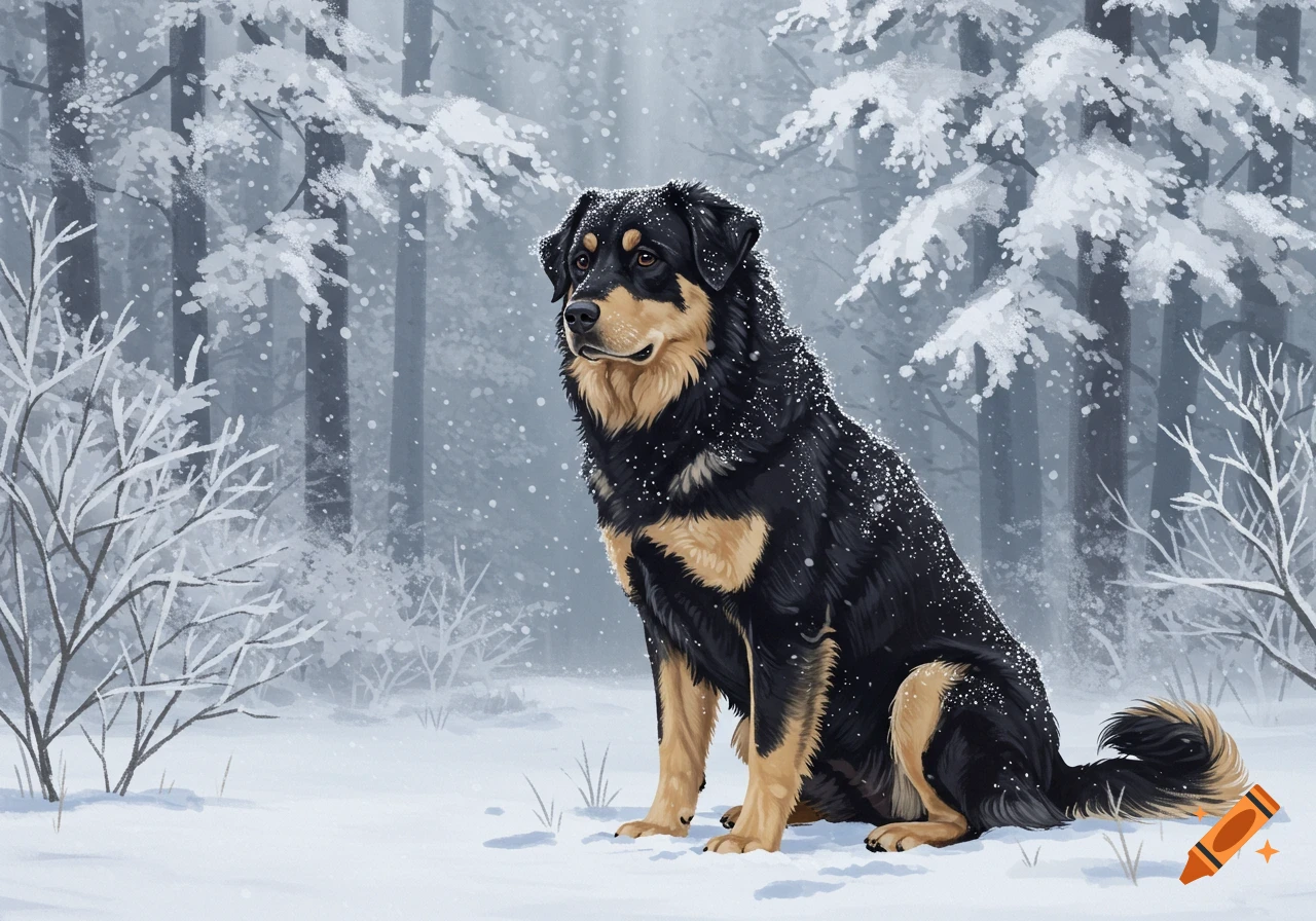 A black and beige dog sits in a snowy forest with snow falling, illustrated in a painterly style.
