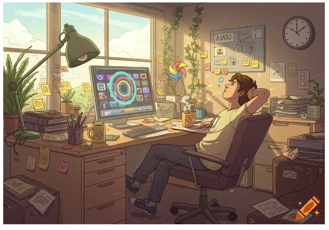 An illustrative cartoon of a person relaxing in a chair at a cluttered desk with a computer and sun shining through a window.