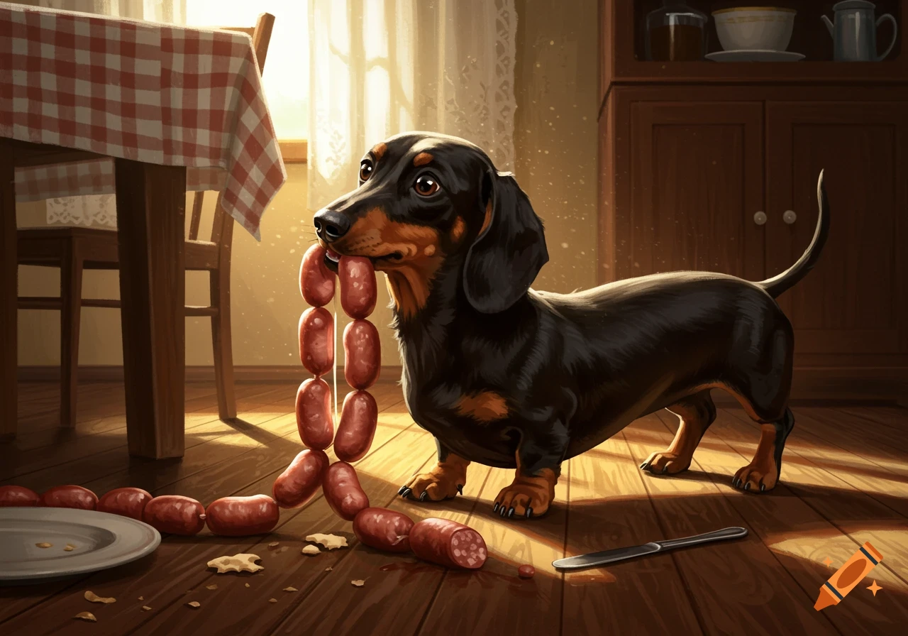 A black and tan dachshund puppy holds a long string of sausages in its mouth, looking up mischievously in a sunlit kitchen.