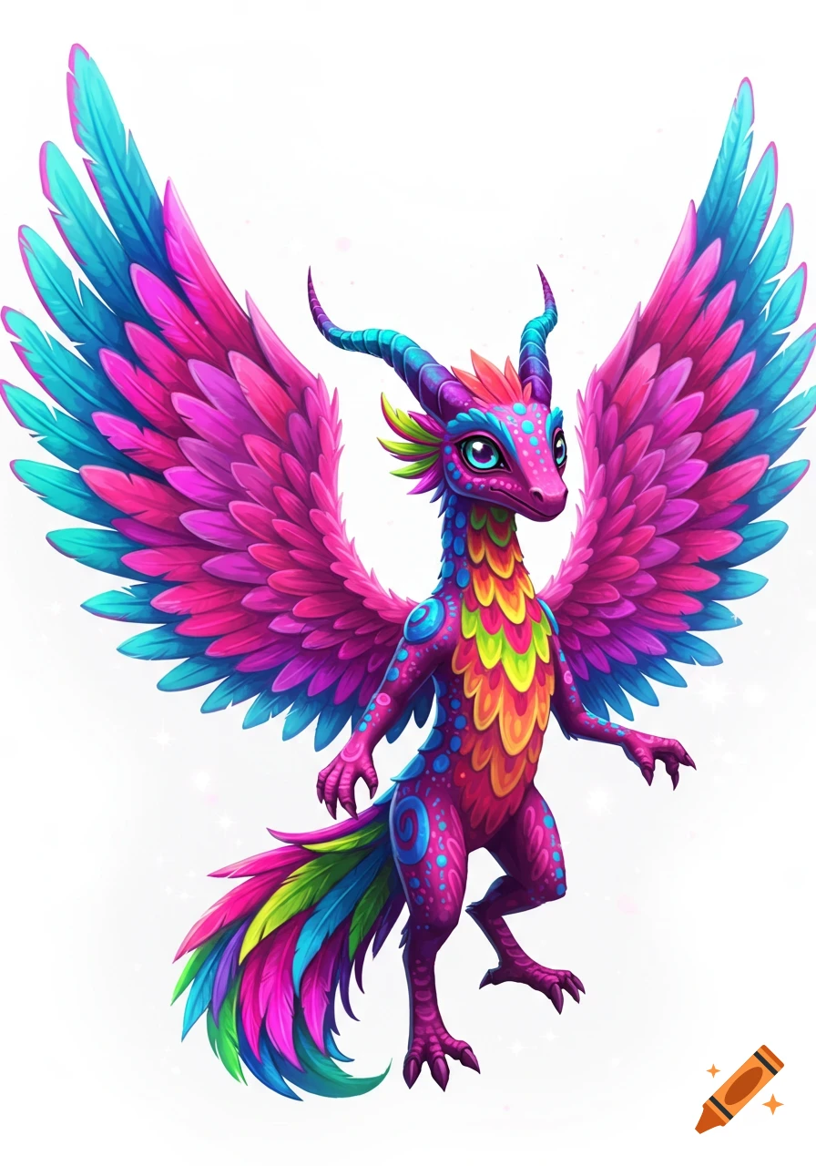 A brightly colored, whimsical winged alebrije creature with large pink and blue feather wings, pink body with blue spots, and a chest of green, yellow, and orange feathers.
