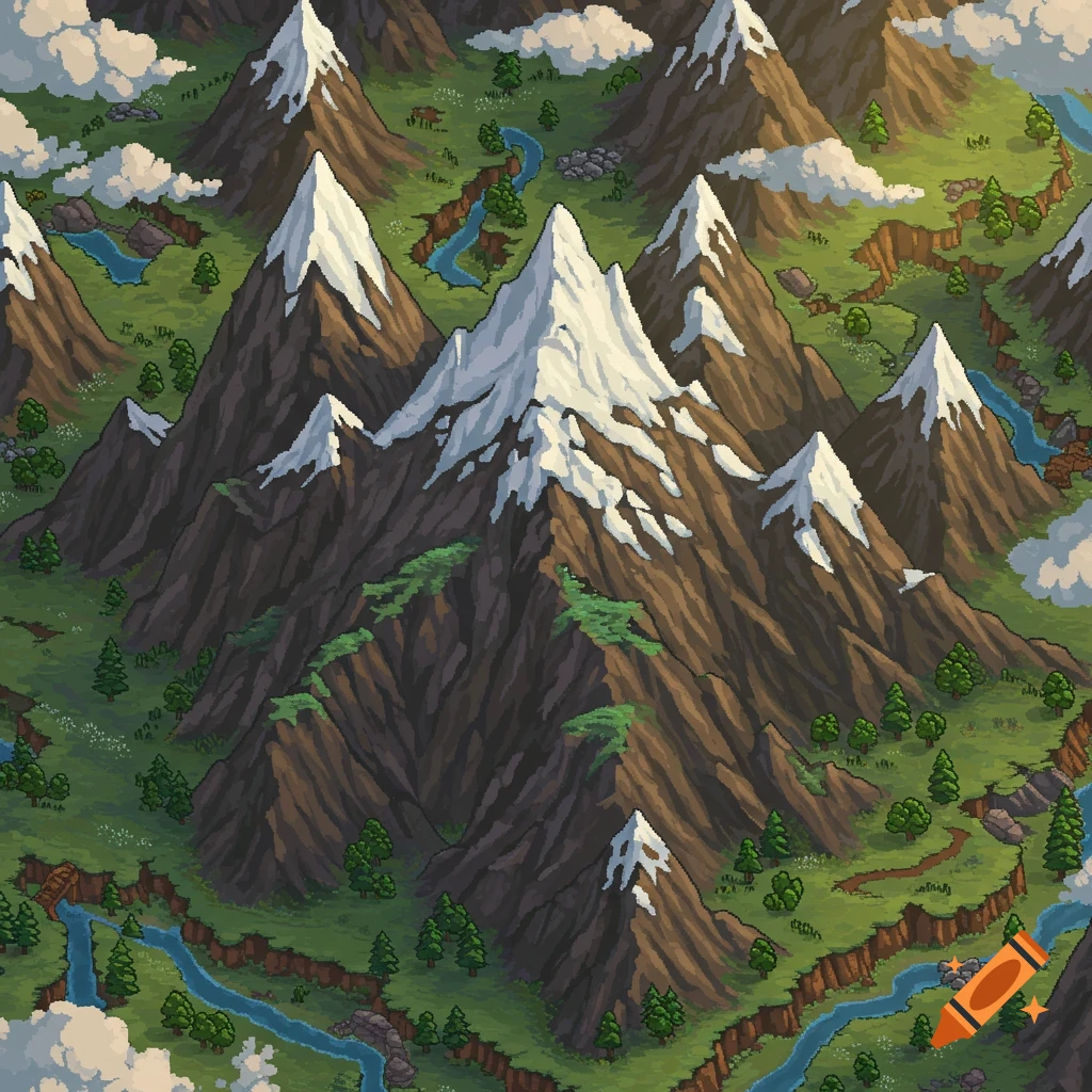 A top-down isometric pixel art landscape featuring snow-capped mountains, green valleys, winding rivers, and trees under a cloudy sky.