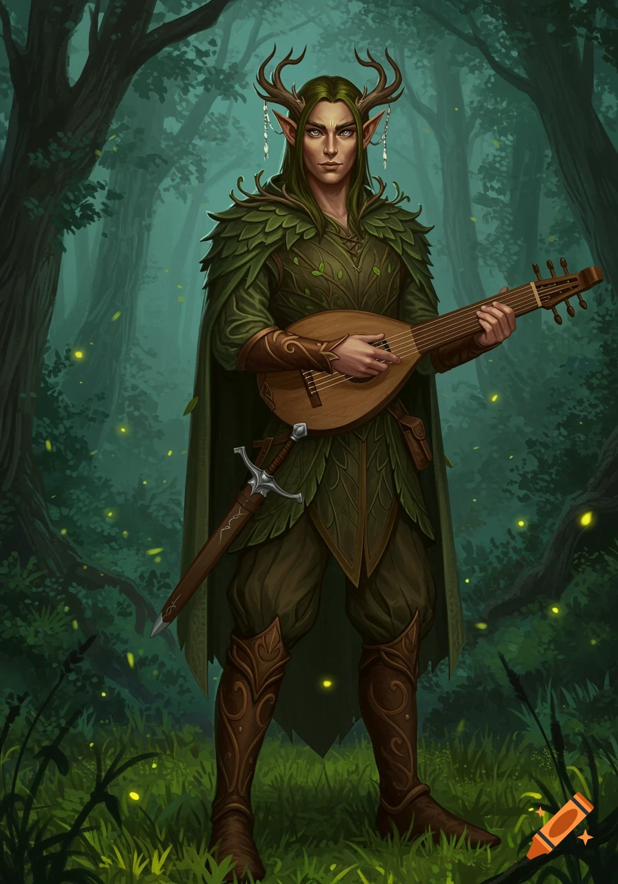 A male wode elf with antlers and long green hair, dressed in leafy armor, holds a lute in a mystical forest. A sword is at his hip. Digital painting.