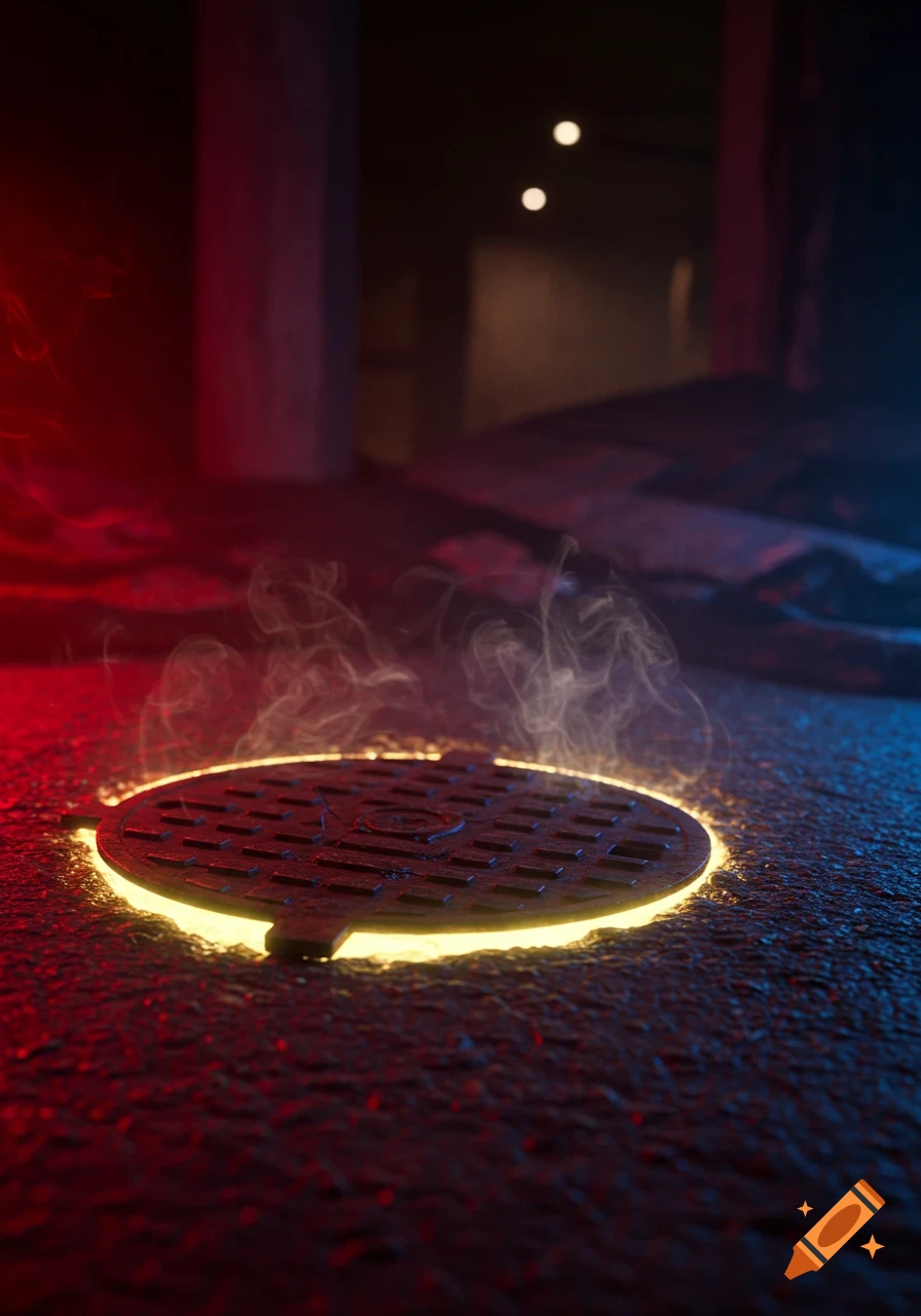 A dramatic, low-angle shot of a glowing manhole cover with smoke in a dark, red and blue lit dystopian urban street.