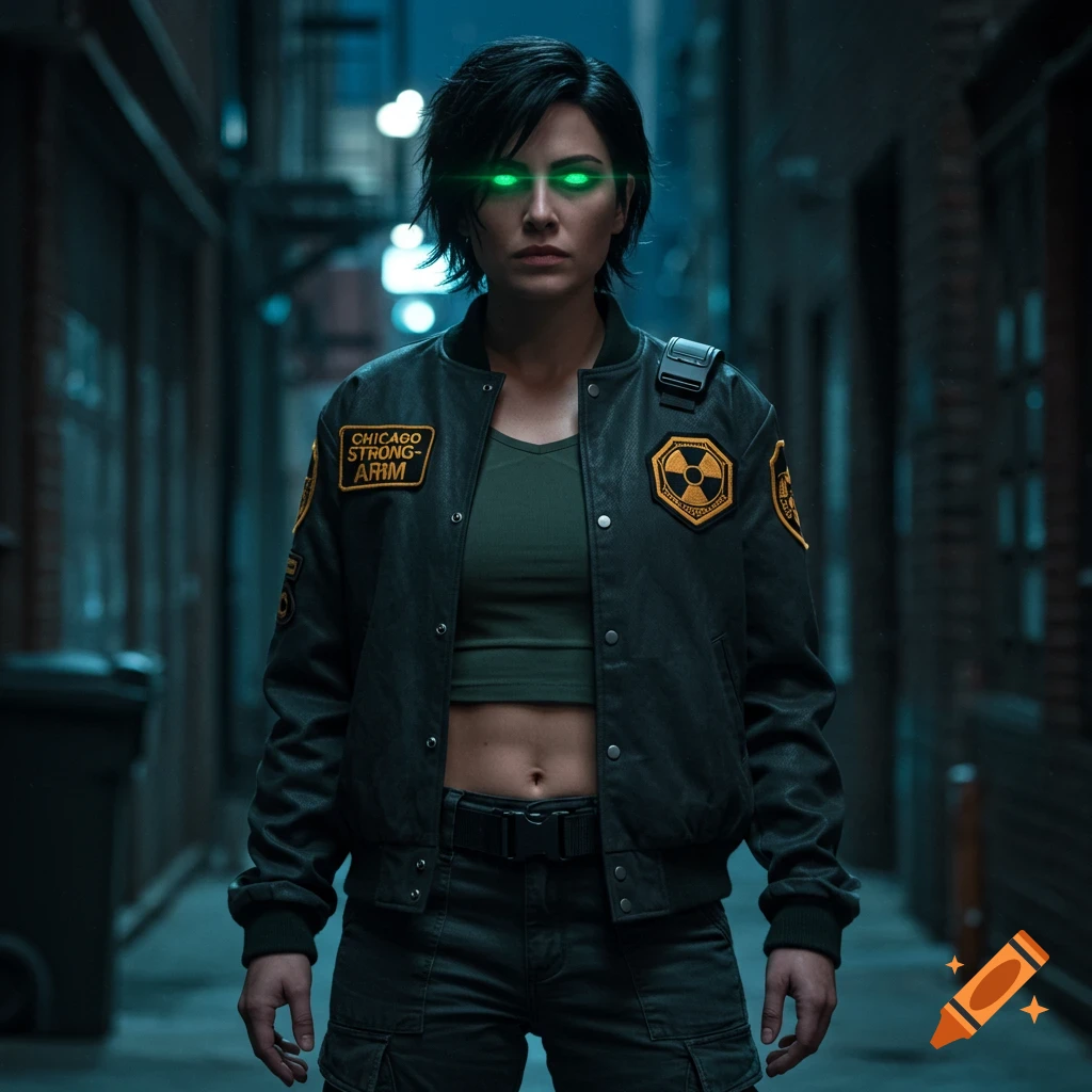 A dark-haired woman with glowing green eyes stands in a dimly lit alley, wearing a bomber jacket and cargo pants. Photorealistic style.