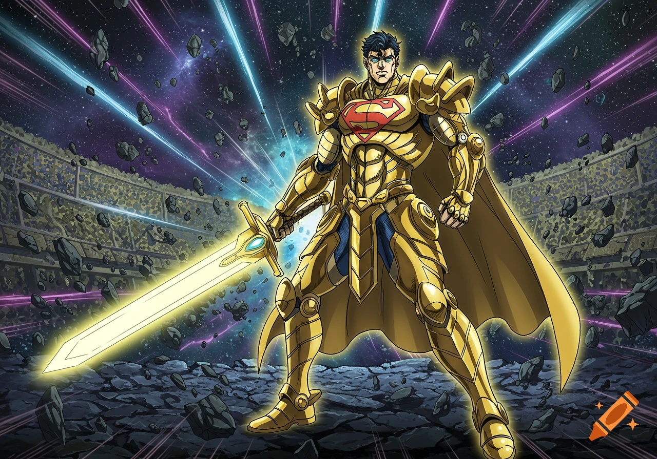 Anime-style Cosmic Armor Superman in golden armor holds a glowing sword in a shattered cosmic arena with energy bursts and starbursts.