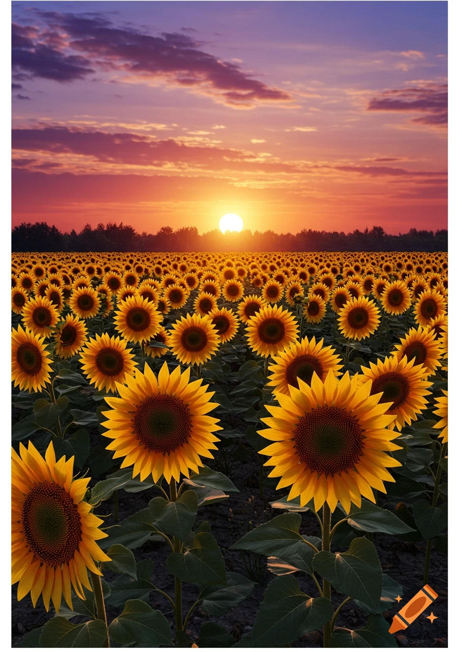 A vibrant field of sunflowers stretches under a breathtaking sunset sky, with a bright sun low on the horizon.
