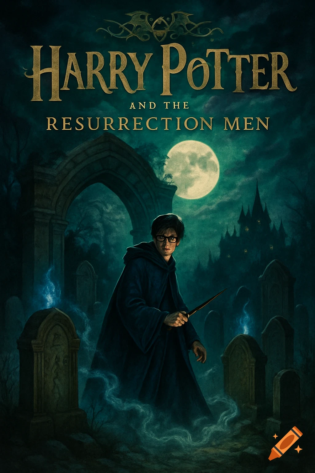 Dark book cover for Harry Potter and the Resurrection Men, showing Harry in a graveyard under a full moon, holding a wand.