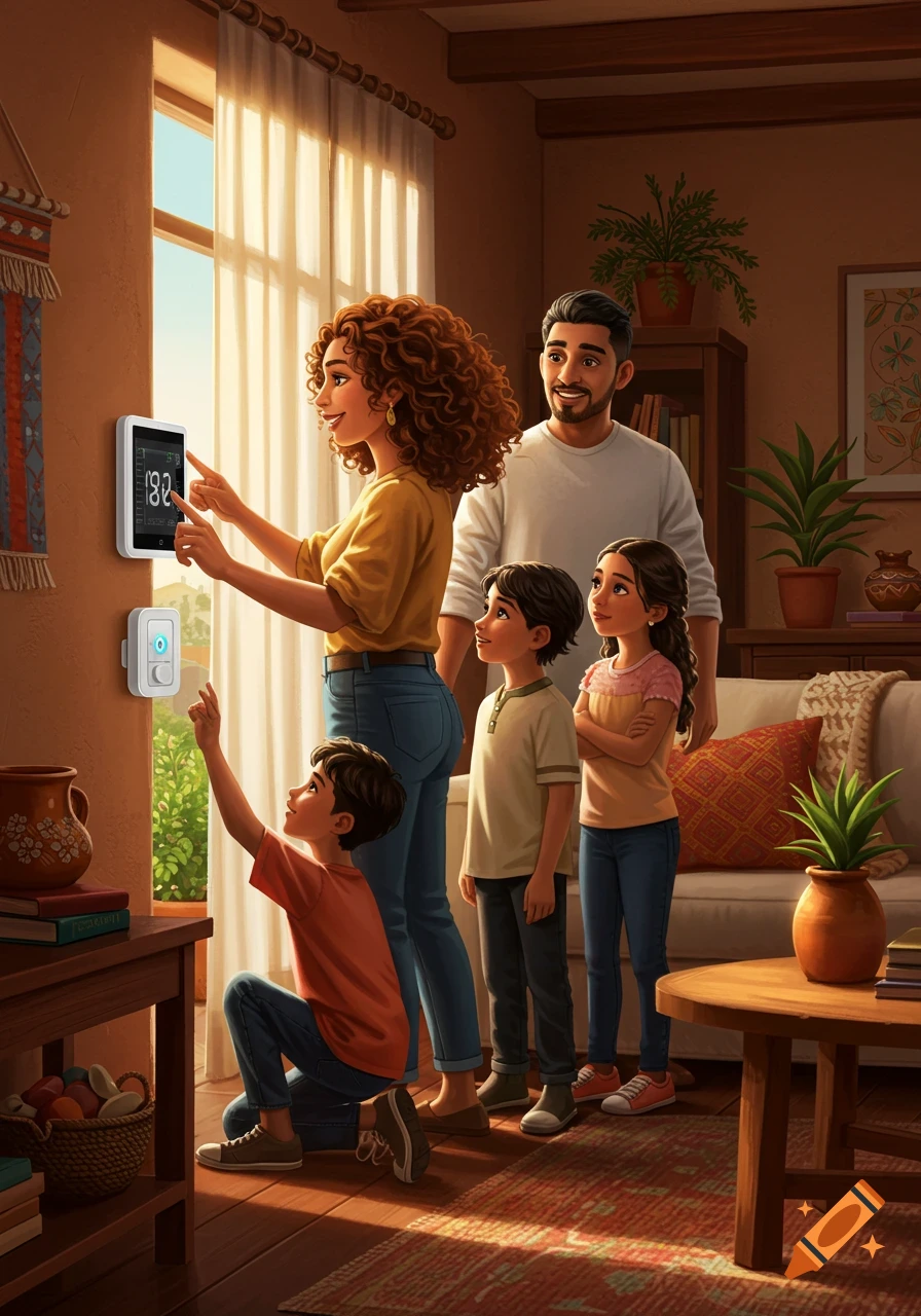 Hispanic family in a warm, illustrated domestic scene, with the mother adjusting a smart thermostat while the father and children watch.