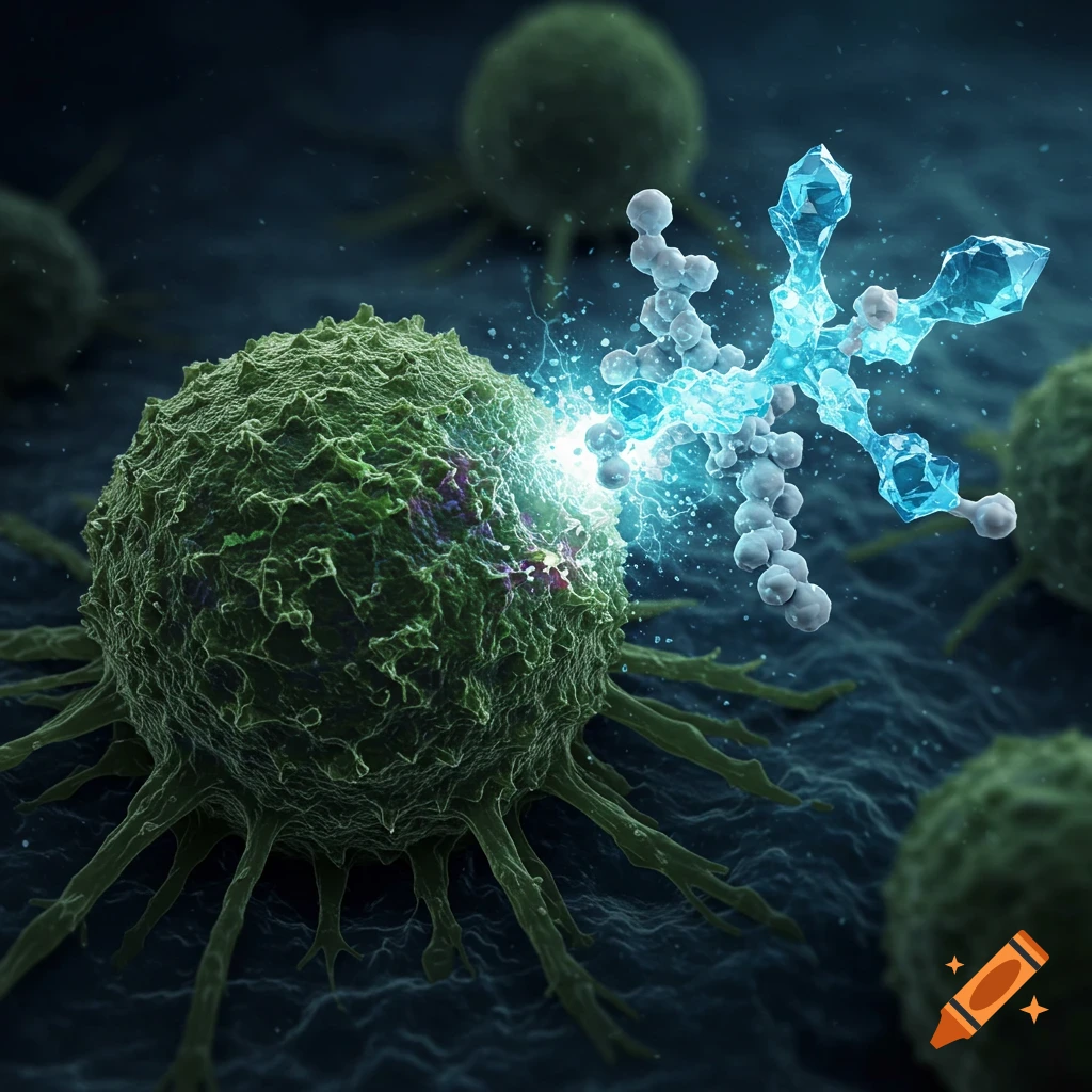 Microscopic view of a green cancer cell being targeted by a glowing blue crystalline drug molecule.