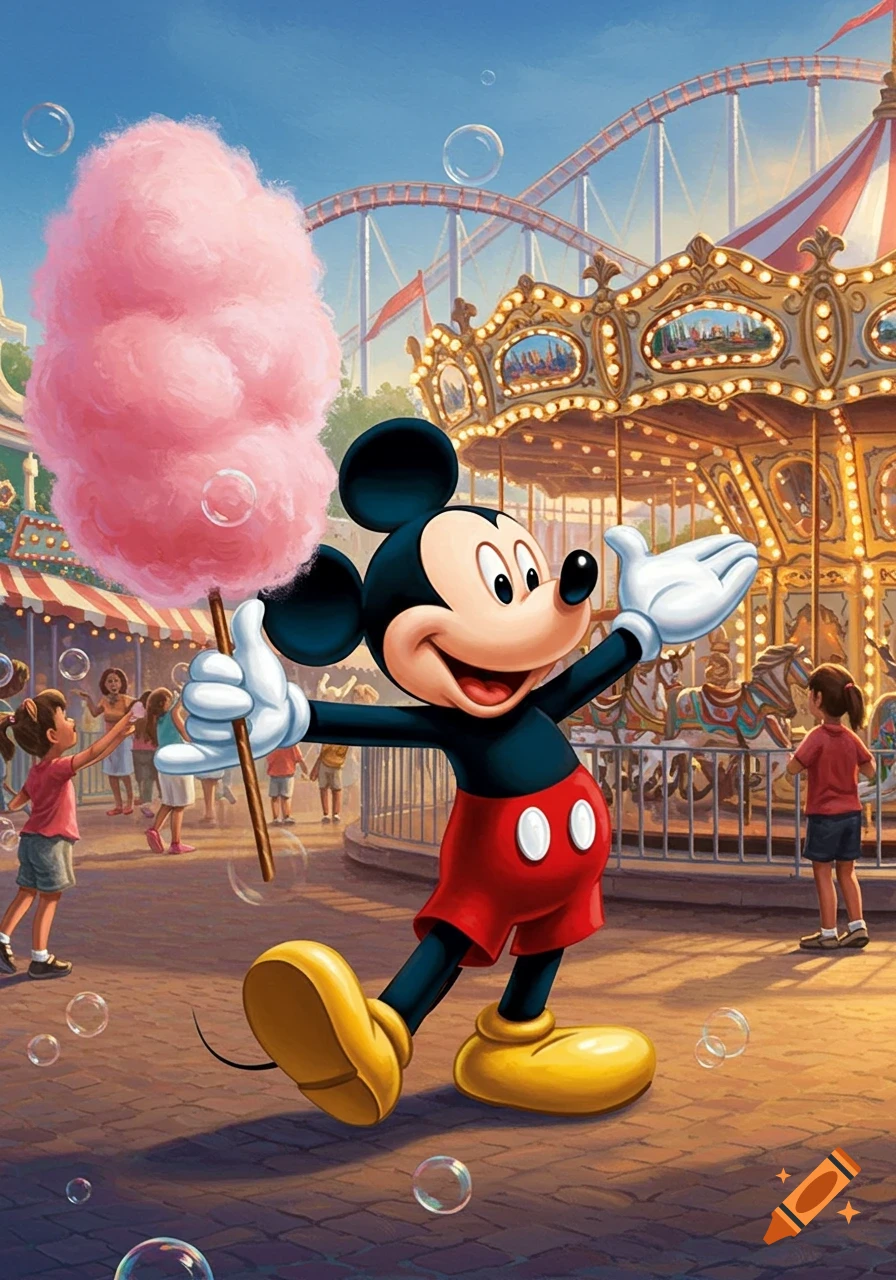 Mickey Mouse holds pink cotton candy at a sunny amusement park with a carousel, roller coaster, and bubbles floating around.