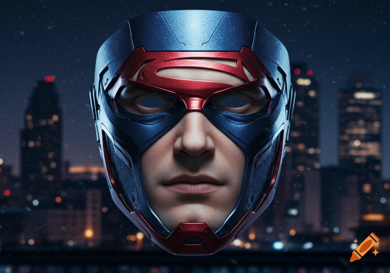 A photorealistic close-up of a blue and red superhero mask with an S-like symbol, revealing the lower part of a human face, against a blurry city night background.