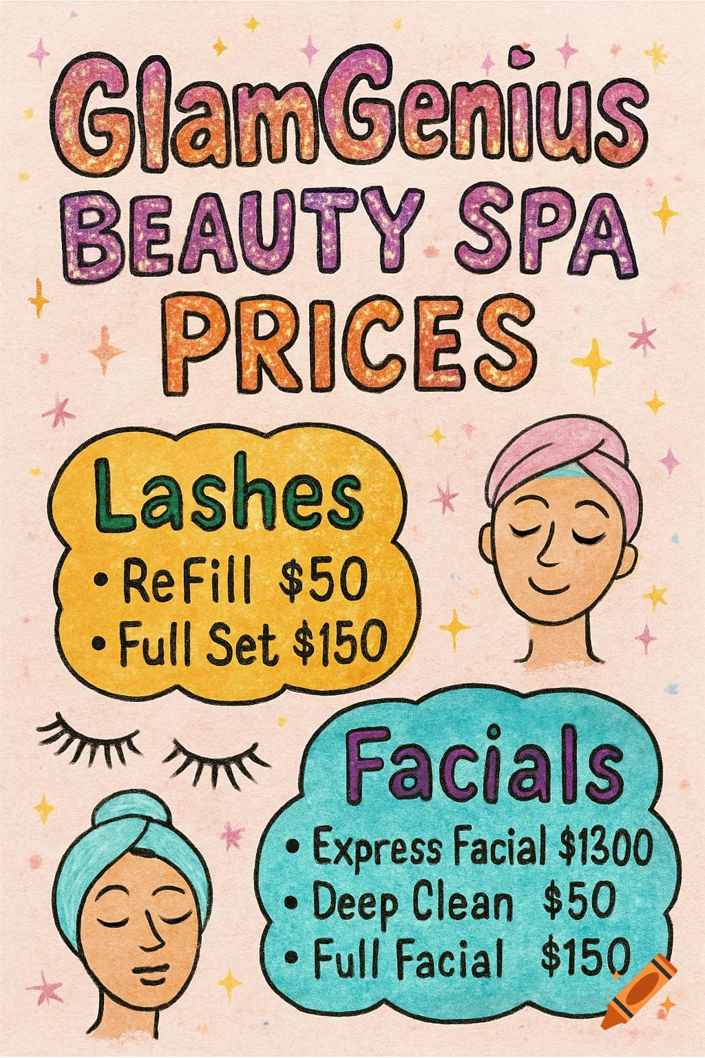 A colorful, hand-drawn style price list for GlamGenius Beauty Spa, detailing prices for lashes and facials, with cartoon faces.