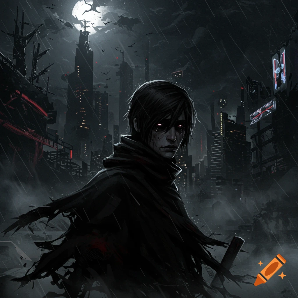 A dark illustration of a person with glowing red eyes and a tattered cloak in a rainy, dystopian city under a full moon.