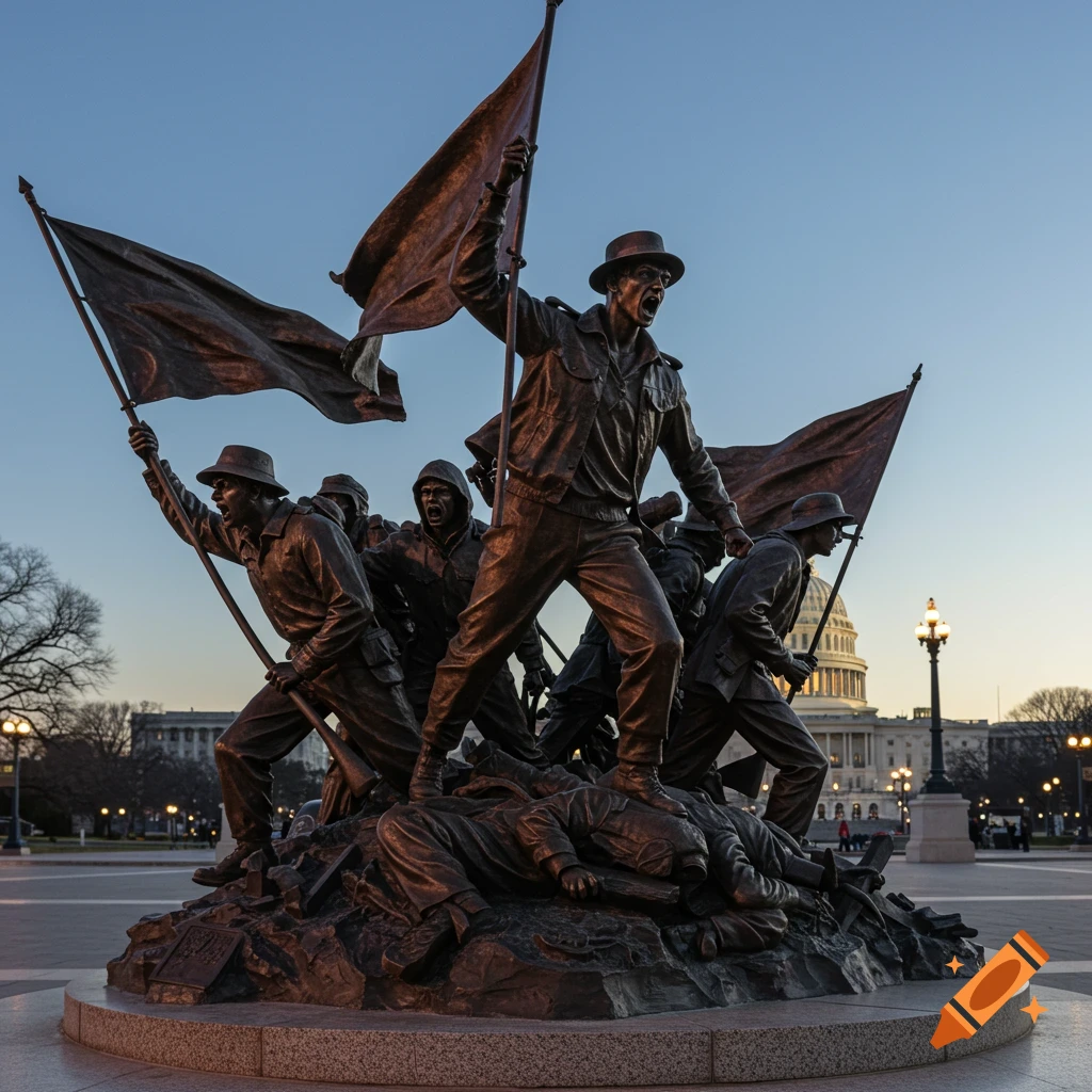 Photorealistic bronze statue depicting several figures in action, some holding flags, with a fallen figure, set against the US Capitol building at dusk.