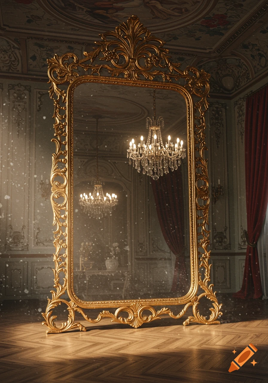 A large, ornate gold mirror stands on a wooden floor in a luxurious, classical room with a chandelier reflecting in it.