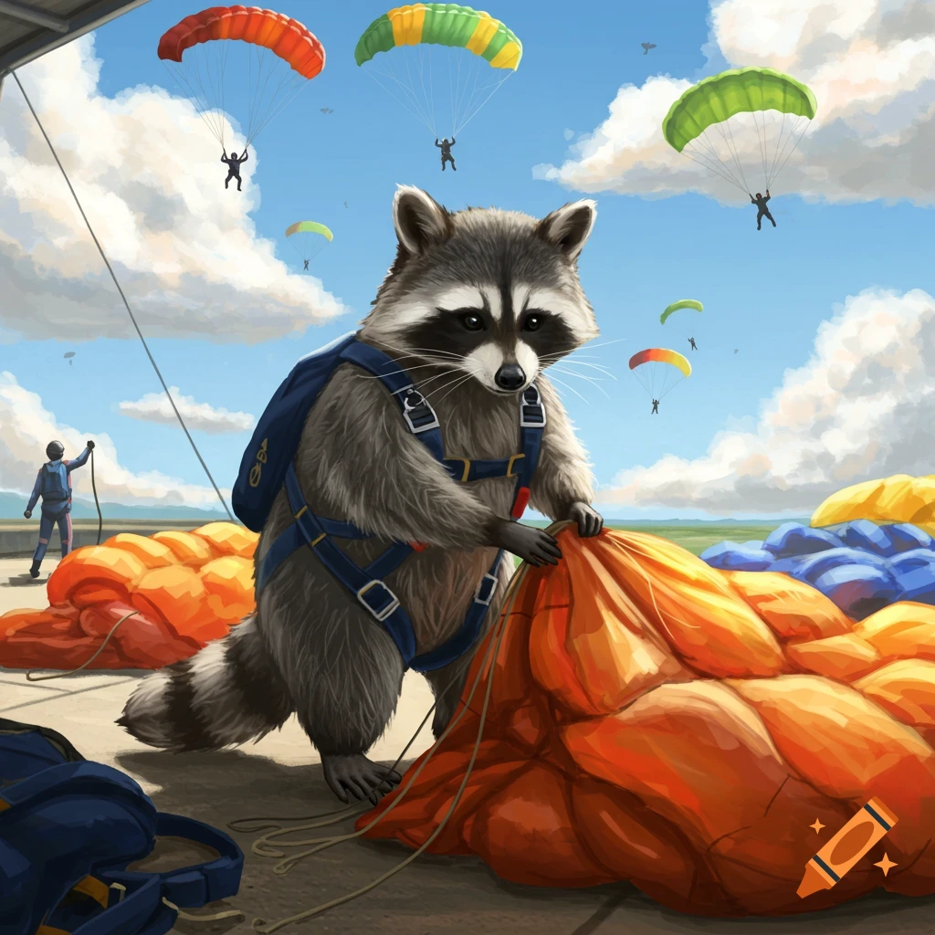 A cartoonish raccoon in a blue harness and backpack prepares to pack an orange parachute outdoors, with other skydivers parachuting in the background under a blue sky.