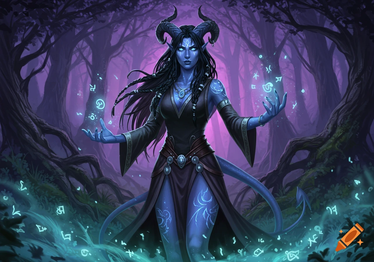 A blue-skinned Tiefling wizard with horns and braids casts glowing magical runes in a dark, mystical forest.