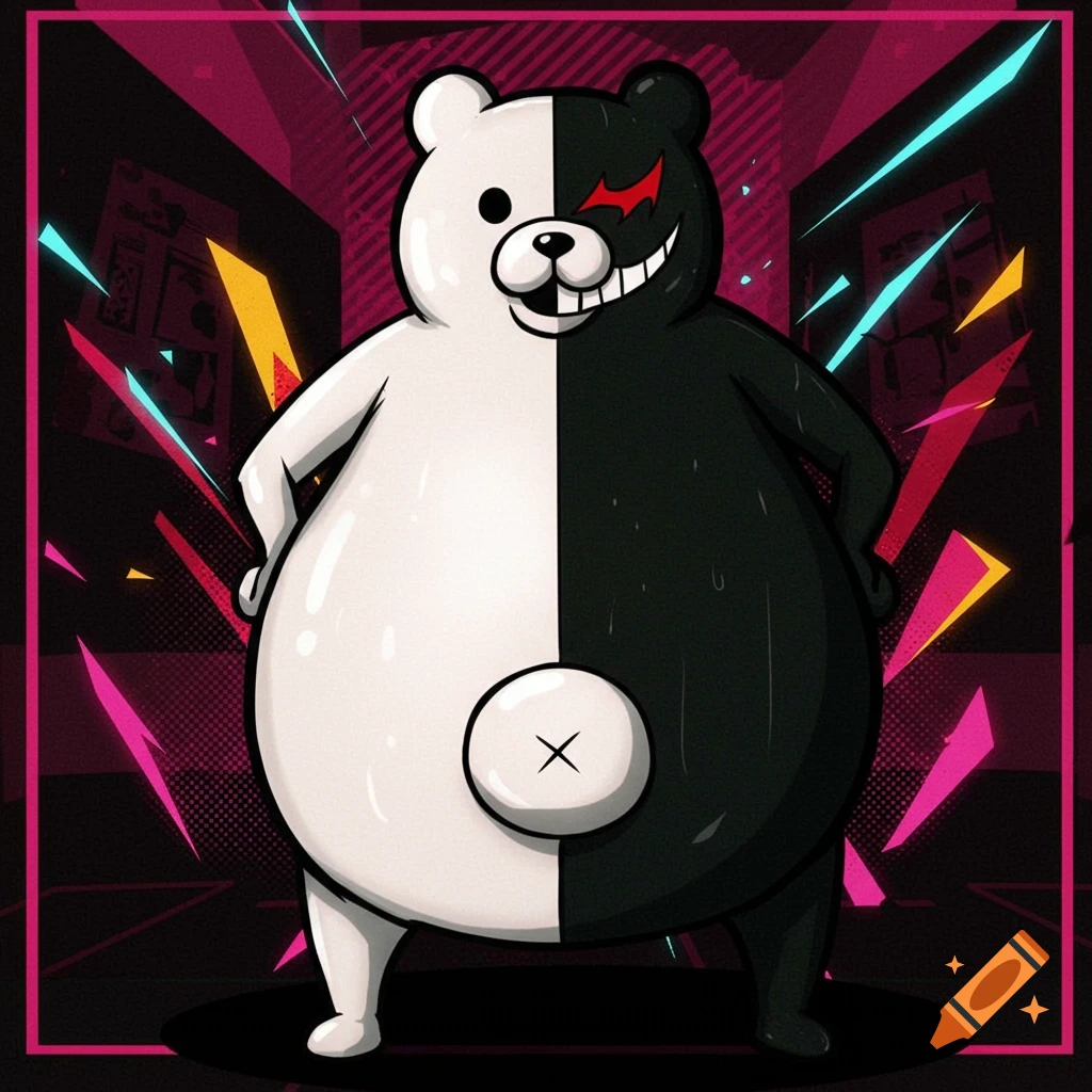 An overweight Monokuma, a black and white bipedal bear character, stands smiling against a dark background with vibrant pink, yellow, and blue geometric accents, in a stylized anime art style.