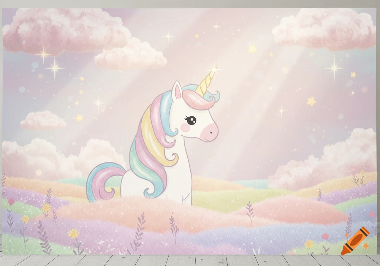 Cute cartoon unicorn with a rainbow mane in a pastel fantasy landscape with rolling hills, clouds, and stars.