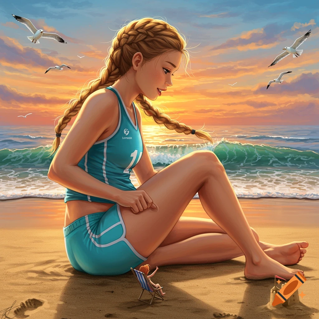 Digital illustration of a woman with braided hair sitting on a sandy beach at sunset, by the ocean. Seagulls fly above, and a tiny person sits in a chair near her feet, next to a sandcastle.
