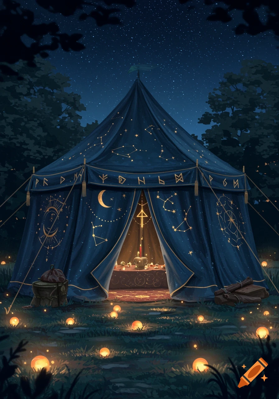 A blue fortune telling tent adorned with constellations and runes, glowing with light under a starry night sky, surrounded by luminous orbs.