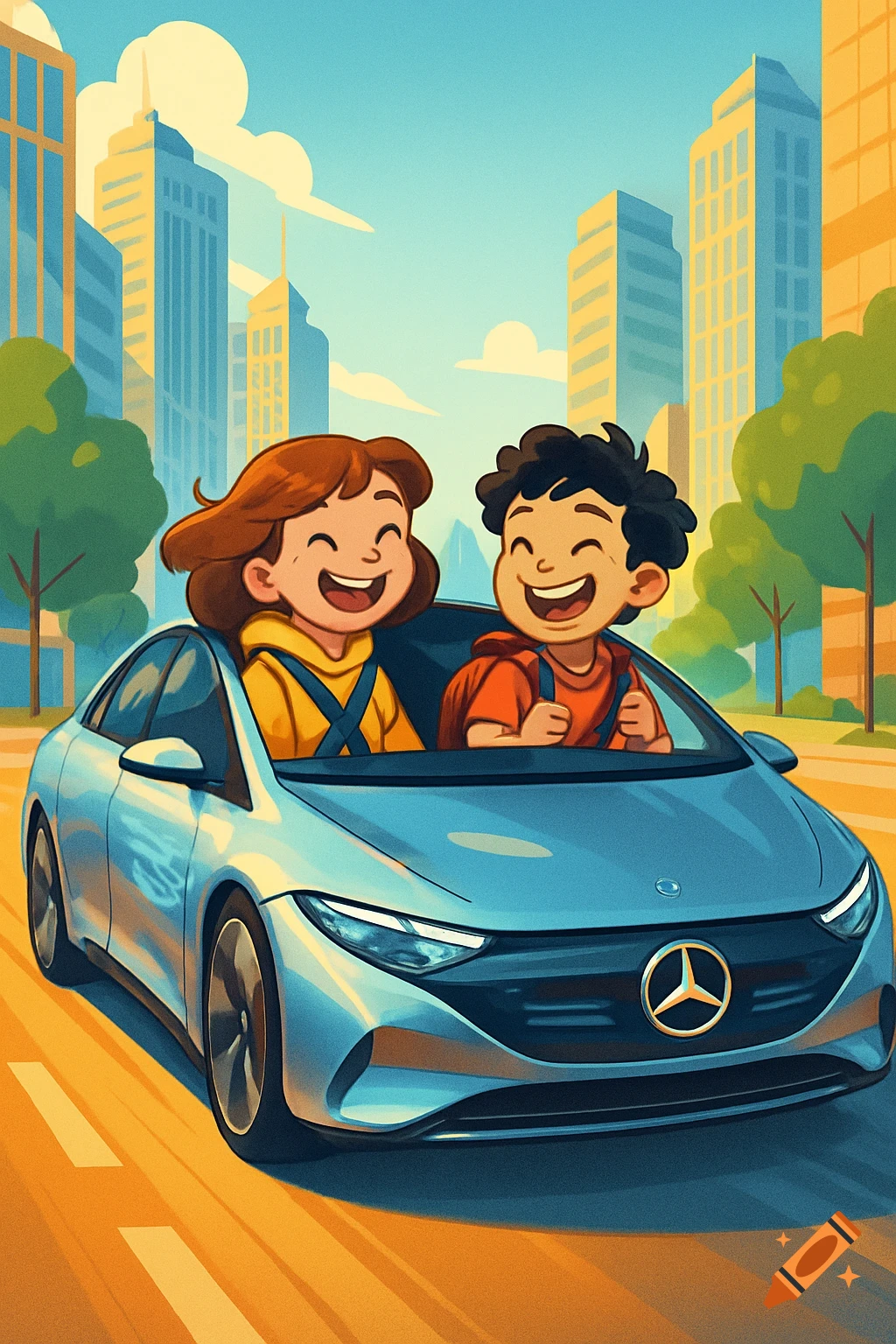 Two happy cartoon children riding in a blue Mercedes-Benz car down a city street with tall buildings in the background.