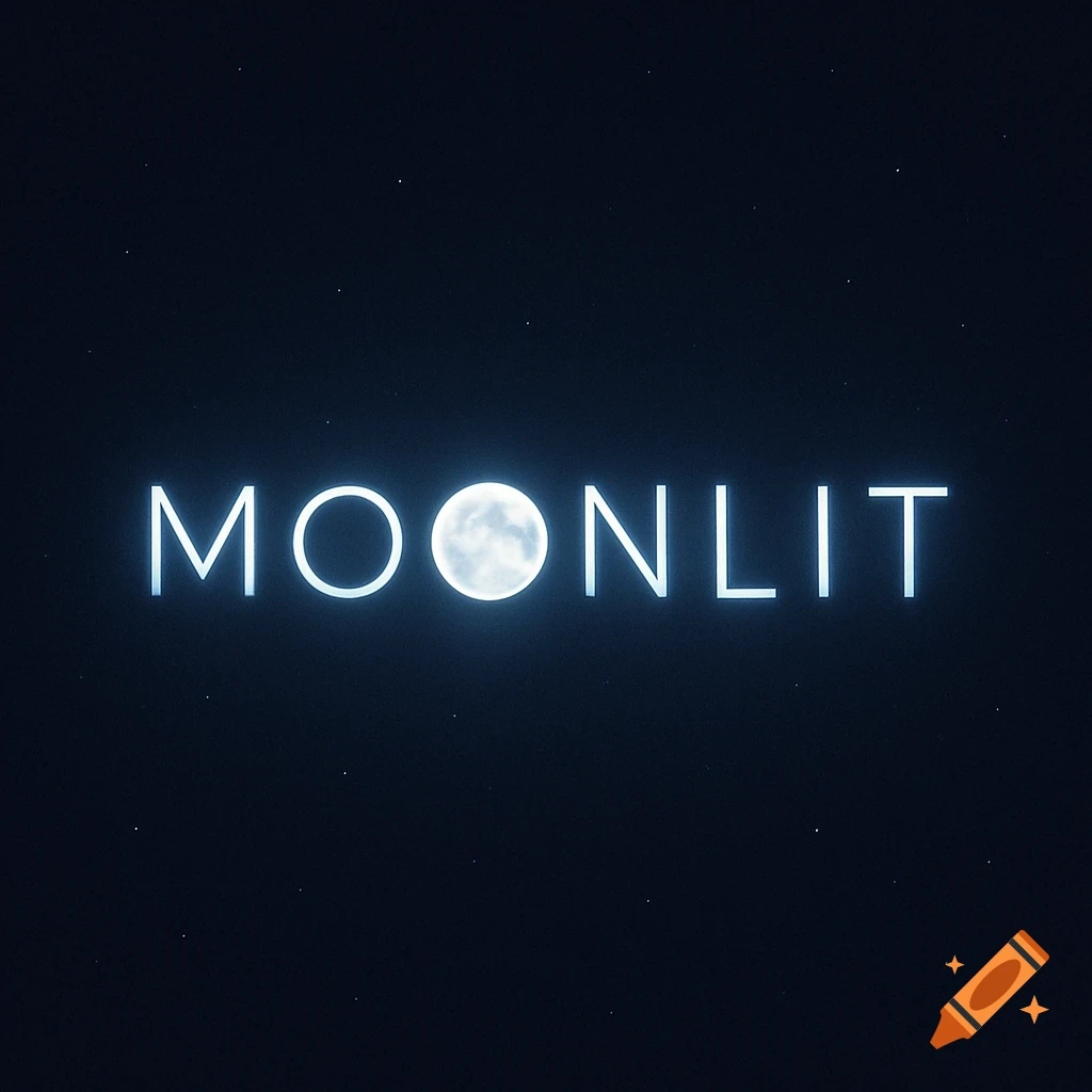 A minimalist logo for "MOONLIT" with a full moon as the letter 'O', set against a dark, starry night sky.
