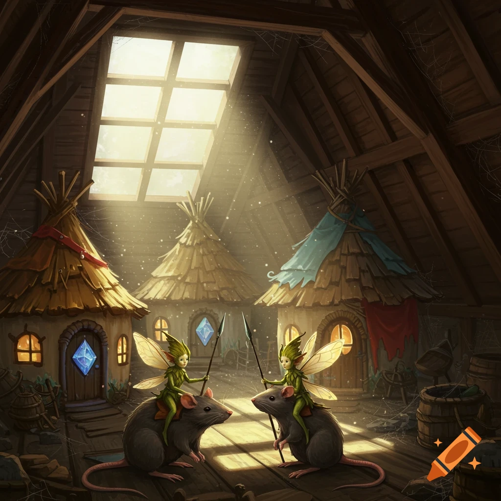 Two tiny green sprites on rats with spears in a sunlit attic village of whimsical huts.