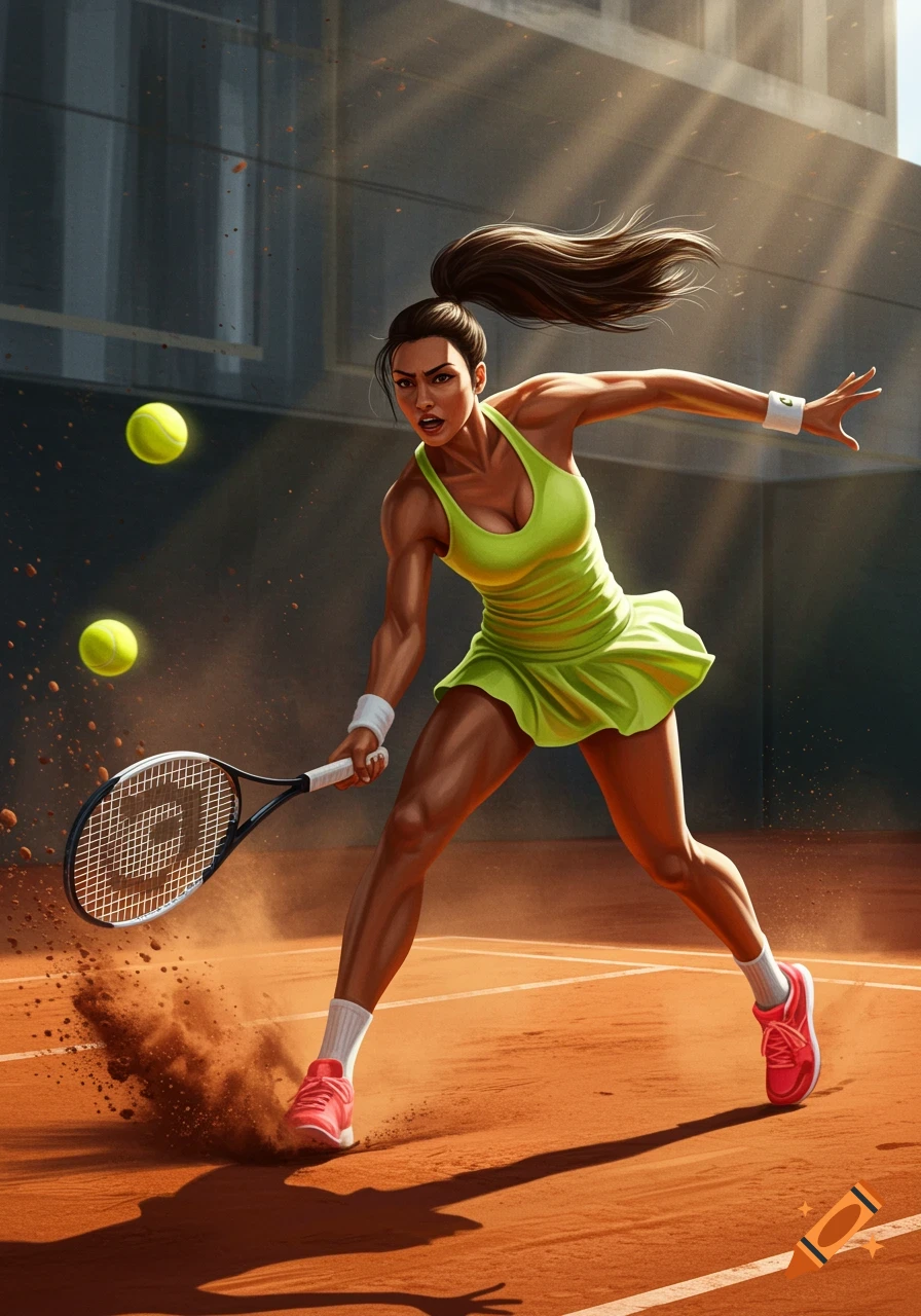 A woman in a neon green dress plays tennis on a clay court, hitting the ball with a racket, with two tennis balls in the air.