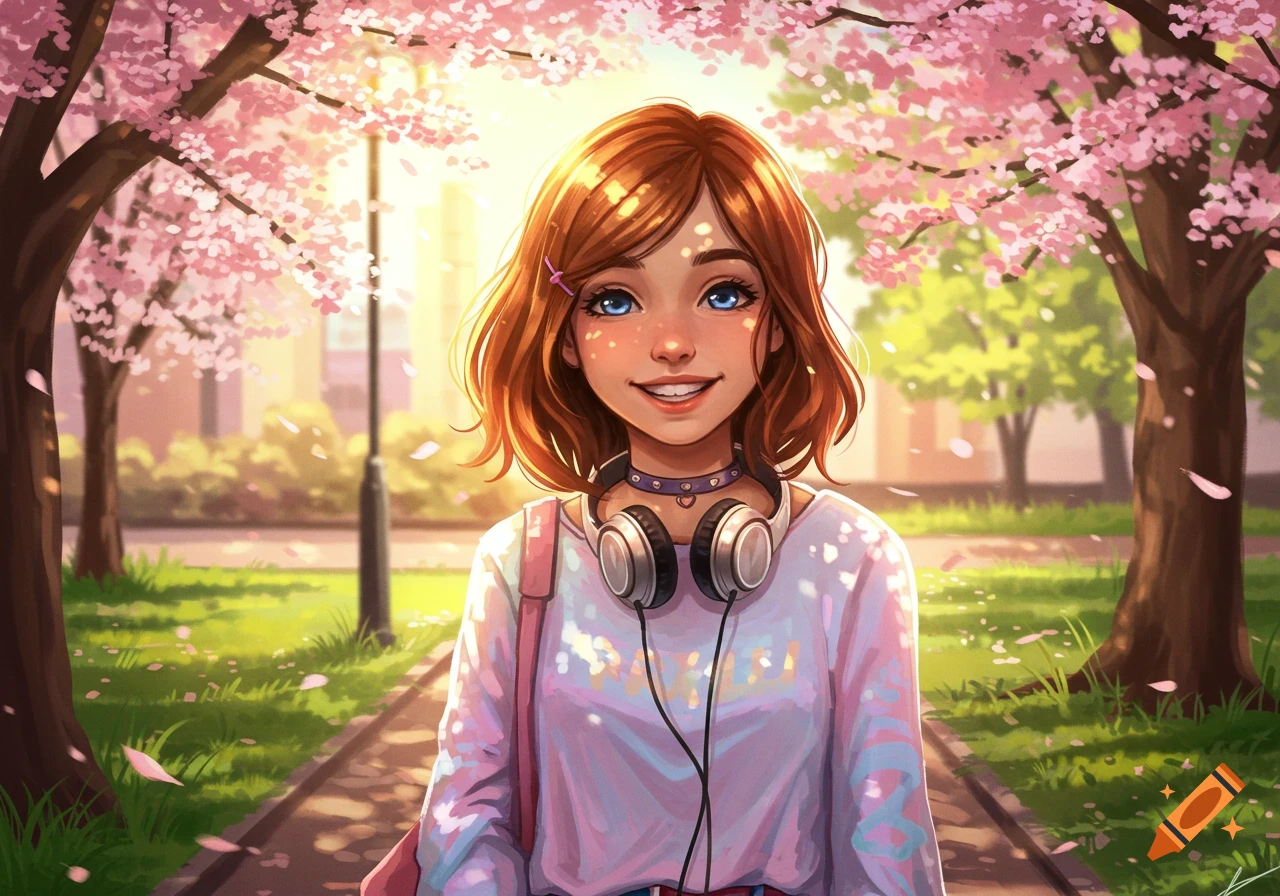 A smiling anime girl with red hair and blue eyes wears headphones, standing on a path under pink cherry blossoms in a sunny park.