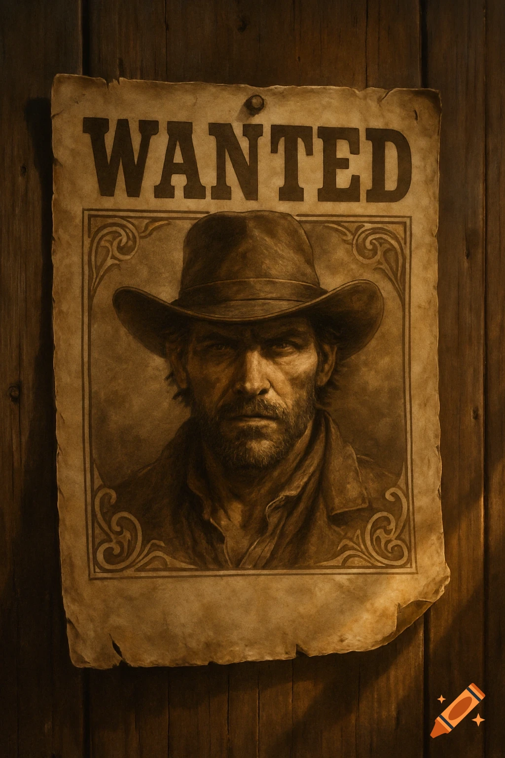 A sepia-toned 'WANTED' poster featuring a stern man in a cowboy hat, tacked to a rustic wooden wall.