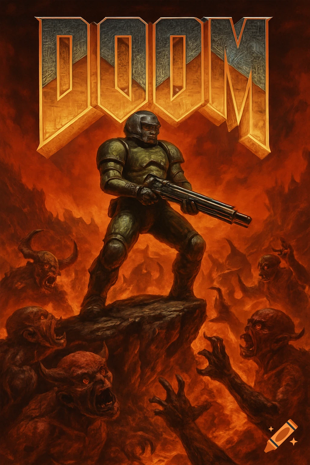 A heavily armored space marine stands on a rock, holding a shotgun, surrounded by snarling demons in a fiery, hellish landscape, with the 'DOOM' logo above.