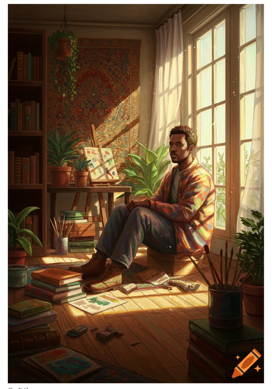 A man sits on the floor in a sunlit art studio, looking to the side. Books and art supplies surround him, with a patterned rug and large window in the background.