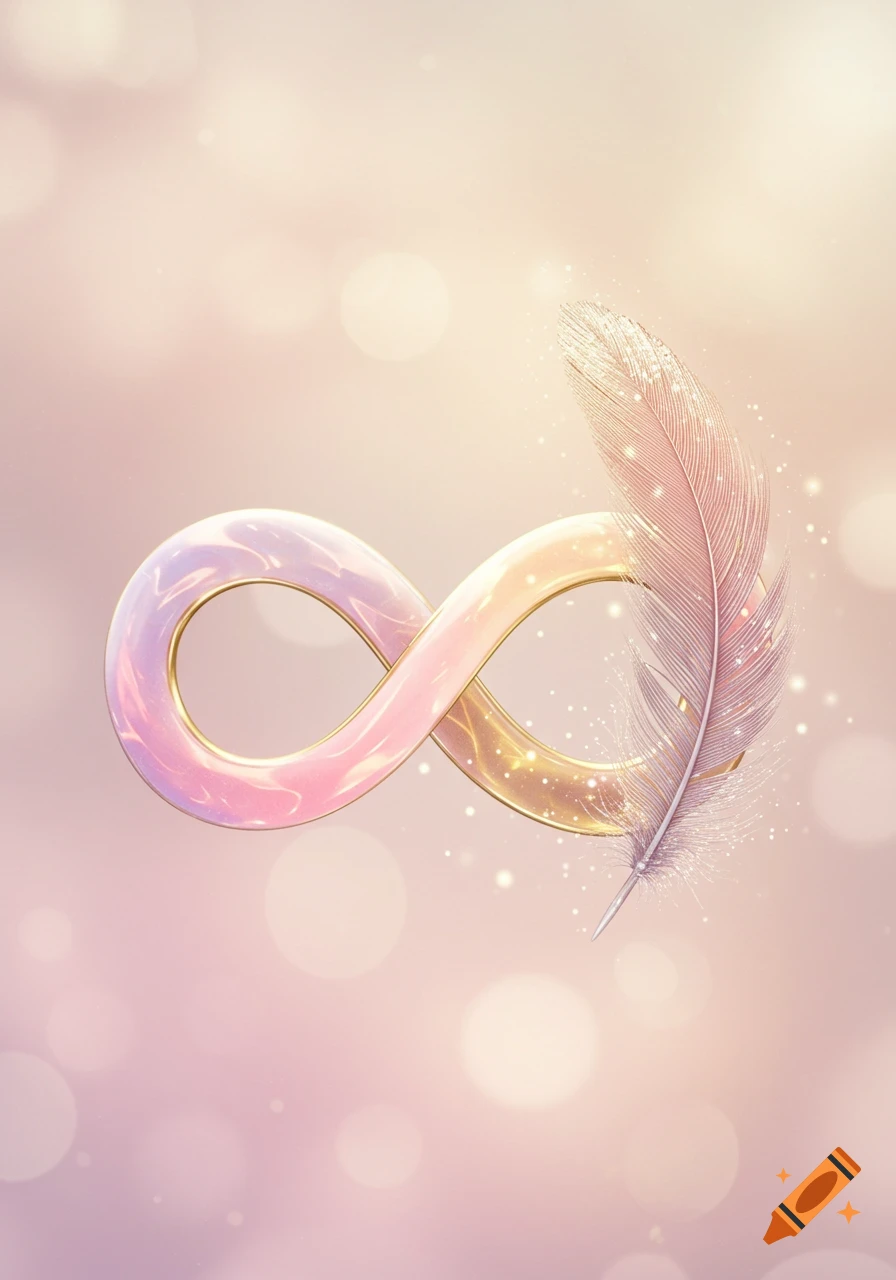 A shimmering infinity symbol in pink and gold with a delicate feather on a soft bokeh background.