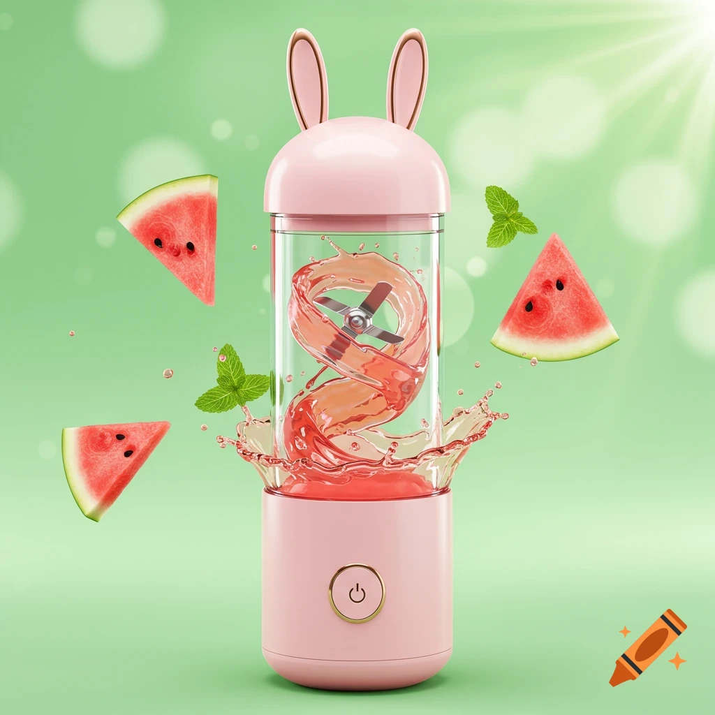 Pink portable blender with bunny ears blending watermelon juice, with splashing liquid, watermelon slices, and mint leaves on a green background.