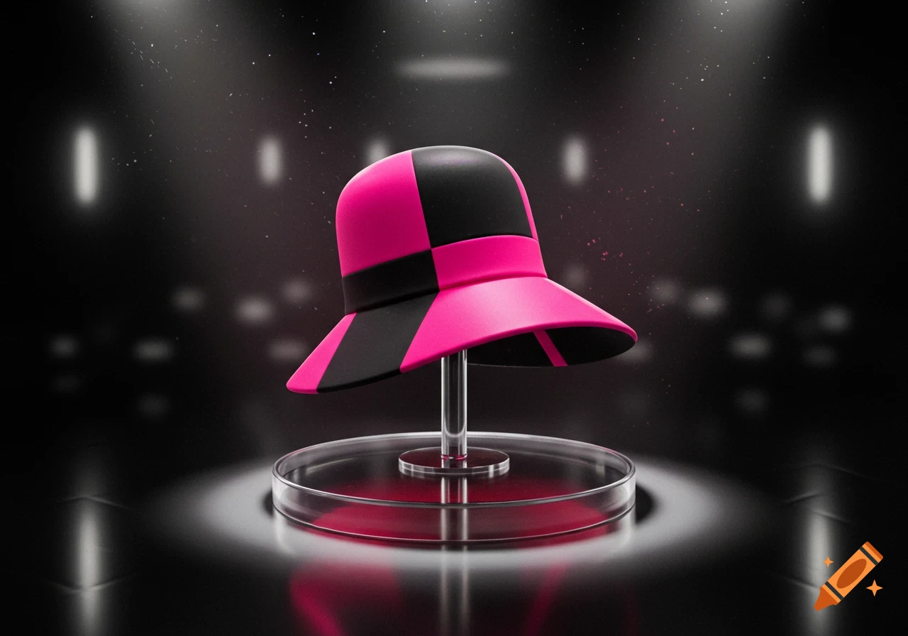 A fuchsia and black checkered cloche hat on a clear display stand in a dark, spotlighted room with subtle particle effects.