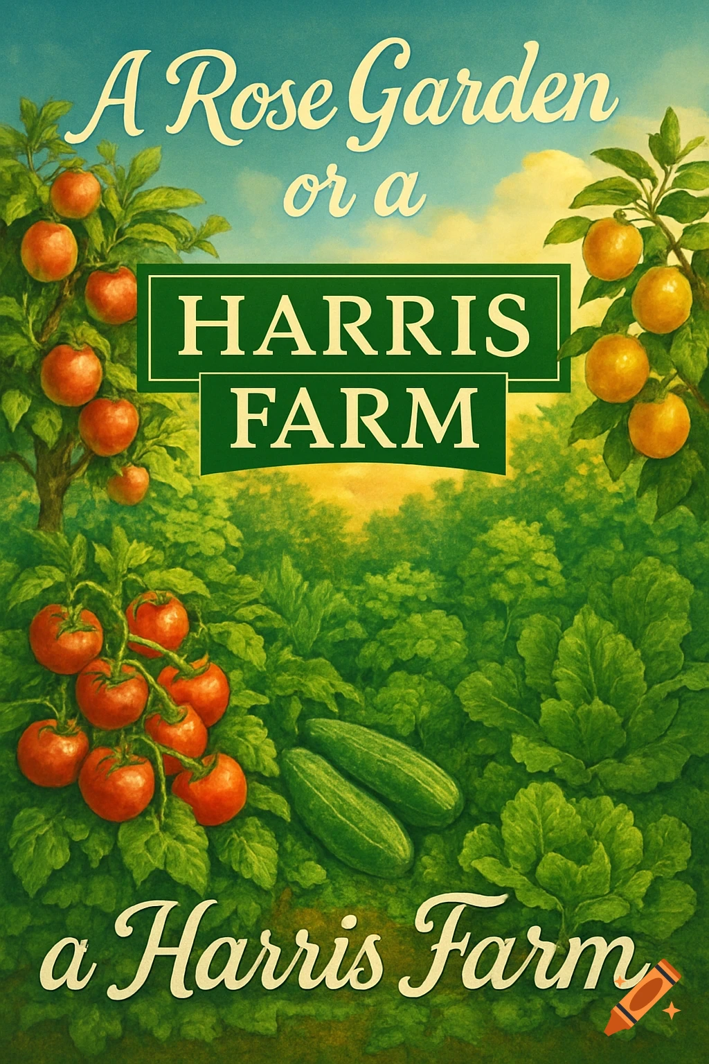 A vibrant, vintage-style poster depicting a garden with tomatoes, oranges, cucumbers, and lettuce, featuring text "A Rose Garden or a Harris Farm".