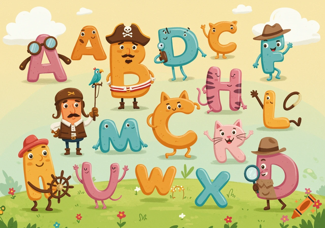 Whimsical cartoon illustration of diverse anthropomorphic alphabet letters on a grassy field.