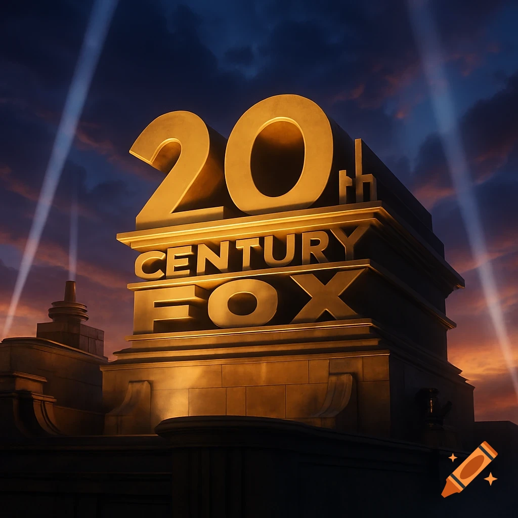 A photorealistic 20th Century Fox logo, a large golden '20th CENTURY FOX' sign, stands atop a grand stone structure, illuminated by searchlights against a dramatic sunset sky.