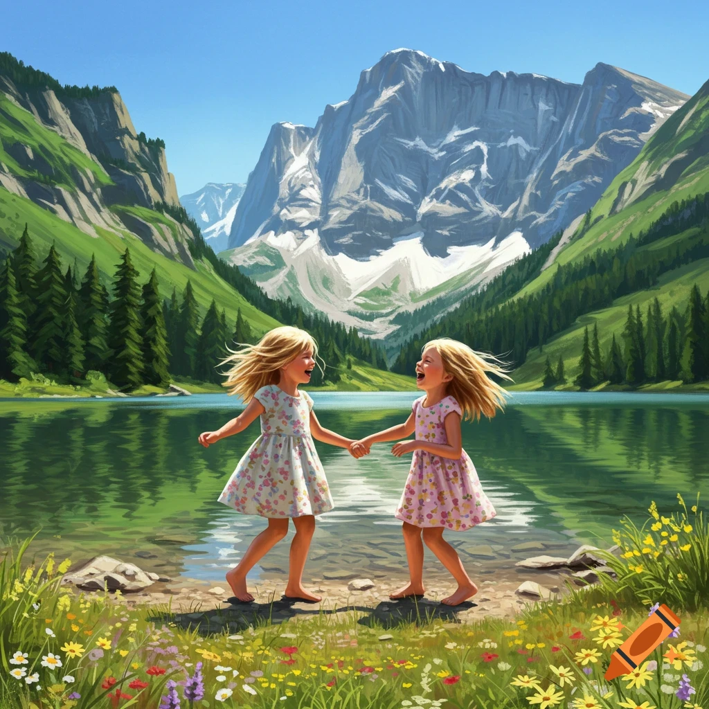 Two blonde girls hold hands, laughing and playing by a mountain lake surrounded by wildflowers and green peaks.