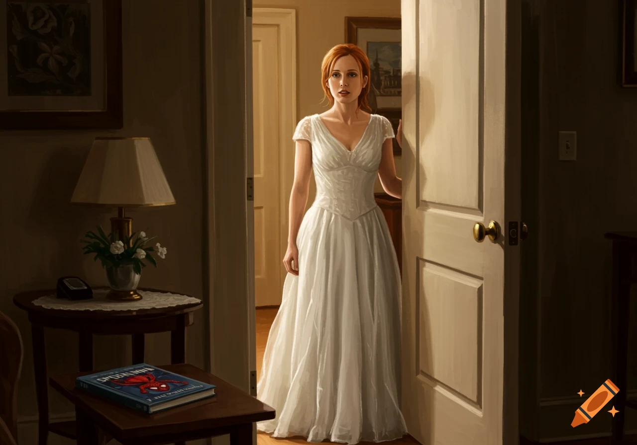 Mary Jane Watson in a white wedding dress stands in a doorway, looking worried. A Spider-Man book is on a nearby table.